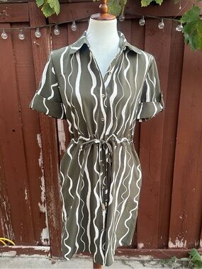 Halston Olive Green and White Shirt Midi Dress